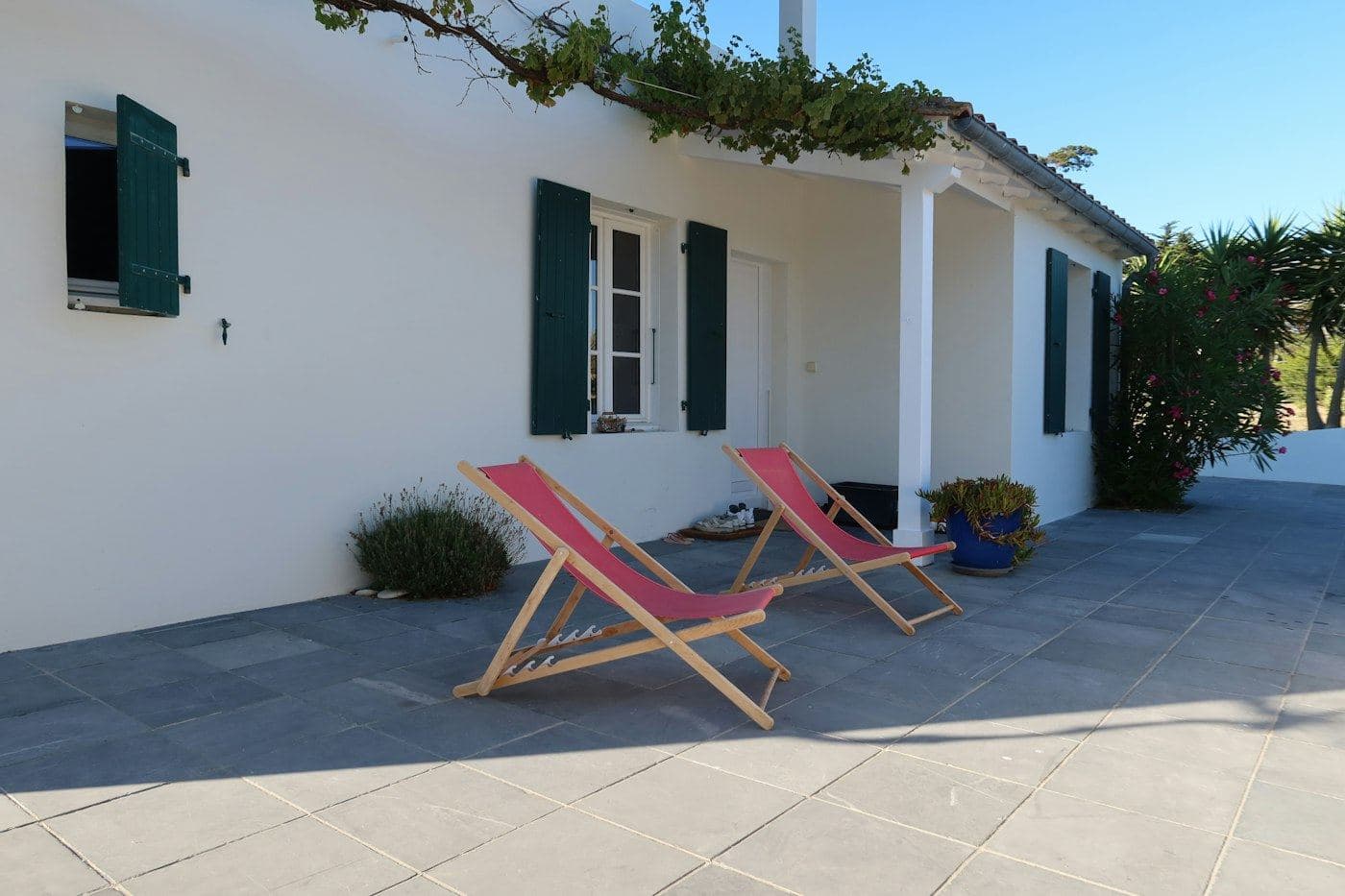 Terrasse dallée sous la treille